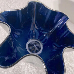 Handblown Ripple Edge Blue Black Glass Opal Cut  Glass Handkerchief Vase Bowl
